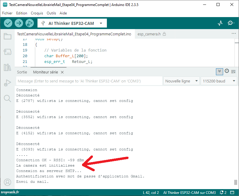 Traces du compte-rendu de l'initialisation de la caméra