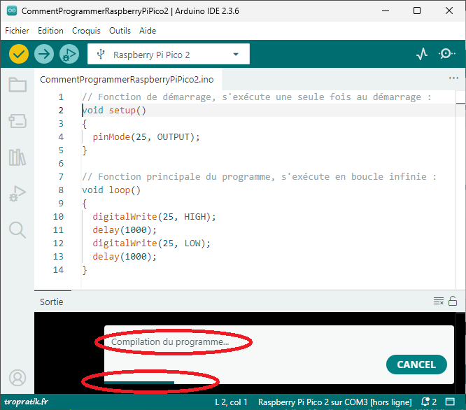 Compilation du code logiciel de la carte Raspberry Pi Pico 2 en cours