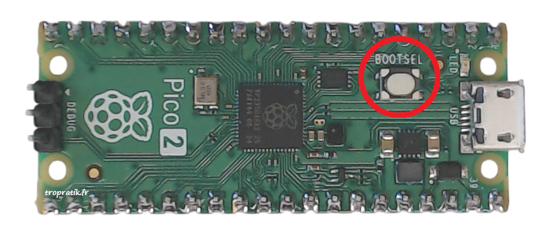 Emplacement du bouton BOOTSEL sur la carte Raspberry Pi Pico 2