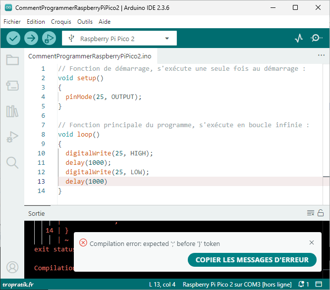 La vérification/compilation du code logiciel a échouée pour la carte Raspberry Pi Pico 2
