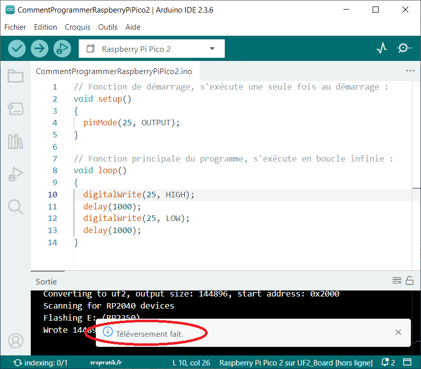 Le transfert du logiciel dans la carte Raspberry Pi Pico 2 a réussie