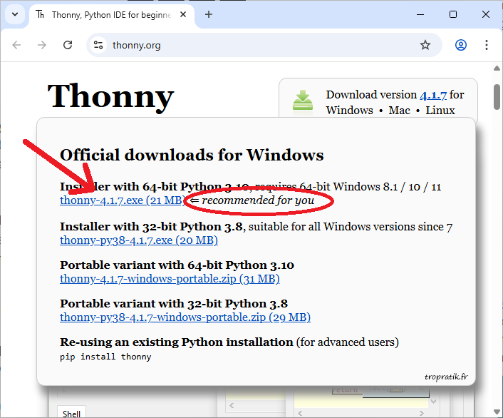 Lien de téléchargement de la version recommandée de Thonny