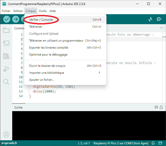 Menu de l'Arduino IDE pour vérifier/compiler le code logiciel