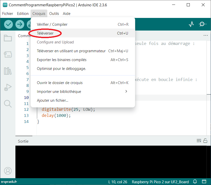 Menu de l'Arduino IDE pour transférer le logiciel