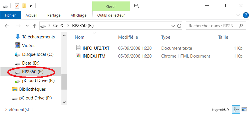 Raspberry Pi Pico 2 vue comme une clef USB