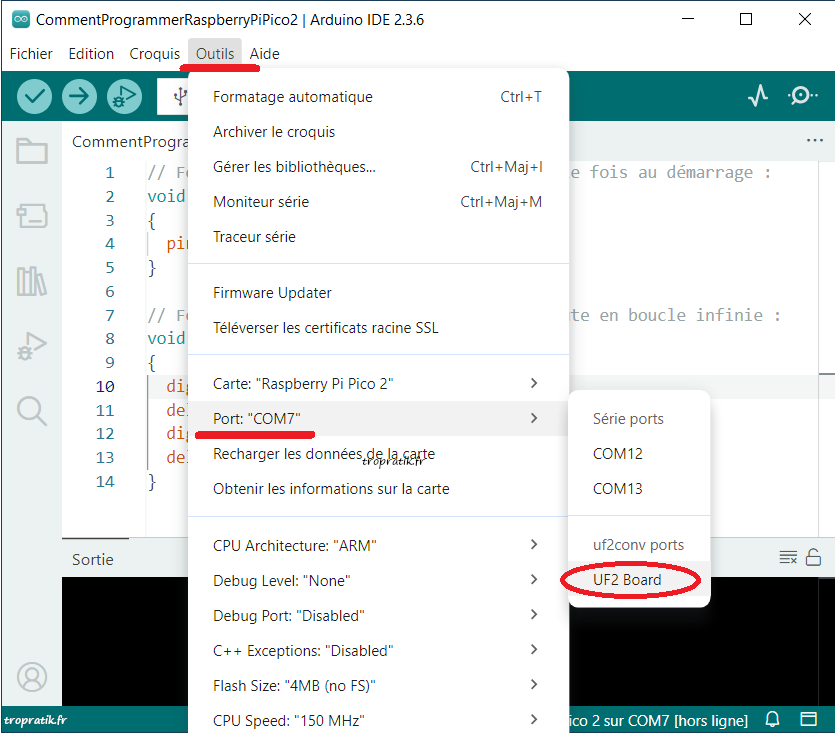 Sélection du port pour le premier transfert de programme dans le Raspberry Pi Pico 2