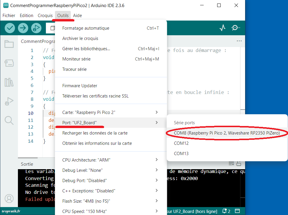 Sélection du port pour les transferts suivants d'un programmes dans le Raspberry Pi Pico 2