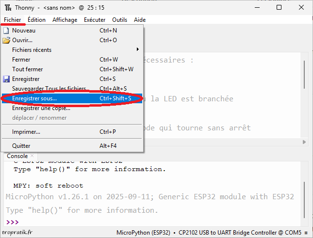Accéder au menu "Enregistrer sous..." de Thonny