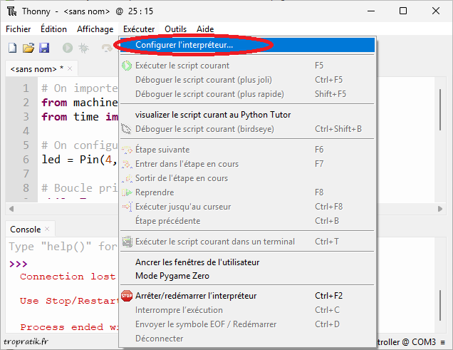 Accéder à la configuration de l’interpréteur Thonny