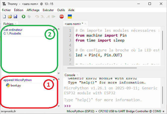 Détail des explorateurs de fichiers de Thonny