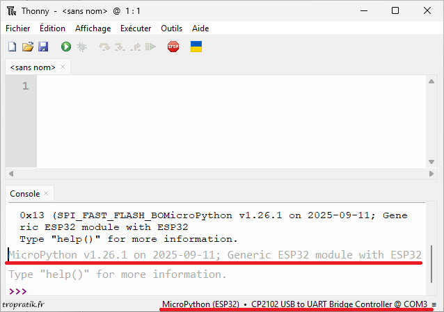 Thonny a bien détecté le MicroPython de la CarteESP32-DevKitC