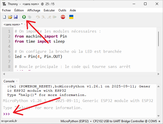 Thonny est connecté au MicroPython de la CarteESP32-DevKitC