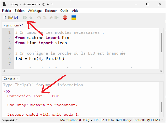Perte de la connexion entre Thonny et le MicroPython de la CarteESP32-DevKitC