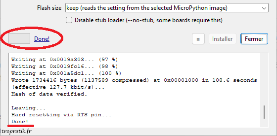 L'écriture du MicroPython sur l'ESP32-DevKitC a été réalisée avec succès