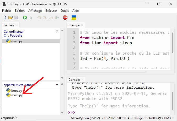 Le script python est maintenant dans la flash de l'ESP32