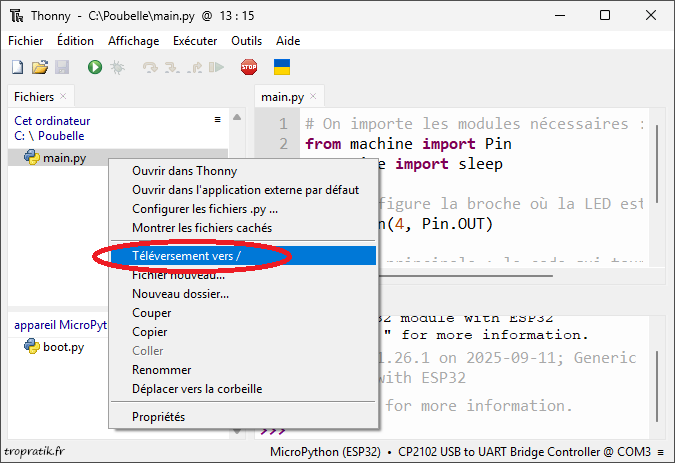 Accéder à l'action "Téléversement vers" depuis le menu contextuel