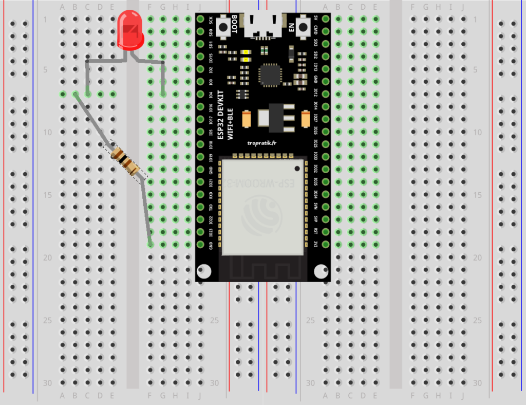 Câblage de l'ESP32-DevKitC avec une LED