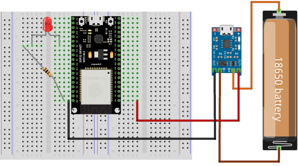 Câblage de l'ESP32-DevKitC avec une LED et une alimentation autonome 18650