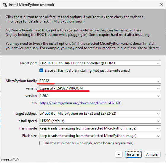 Paramétrage de l'Esptool pour installer MicroPython sur l'ESP32-DevKitC