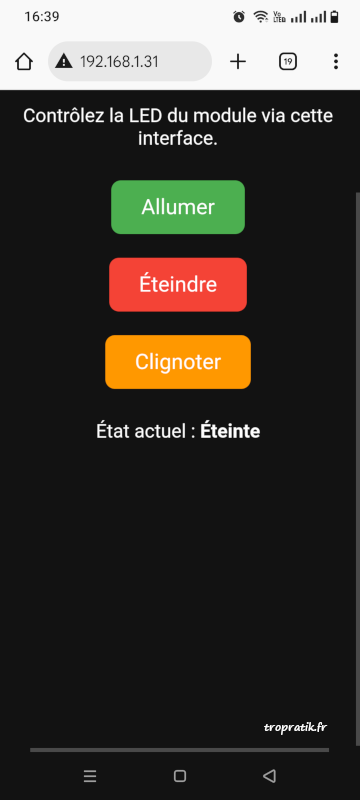 Page Web de contrôle de la LED