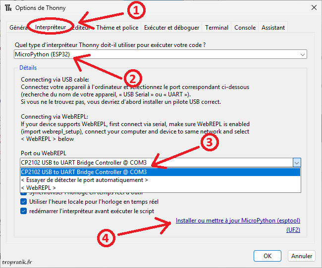 Paramétrage de l'interpréteur MicroPython à installer
