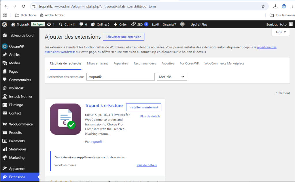 Recherche du plugin 'Tropratik e-Facture'