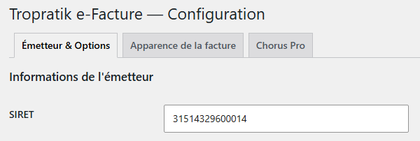 Zone de saisie du SIRET de l’émetteur